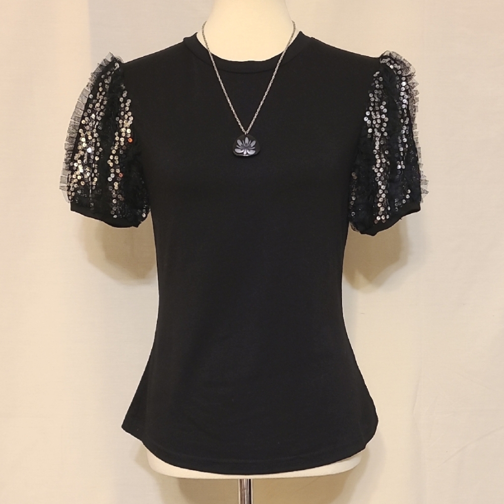 OntWelfth Black Sequin Lace and Mesh Embellished Puff Short Sleeve Top
